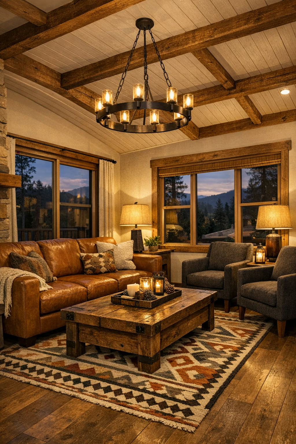 Mountain lodge style RV living room with wood beams, leather sofa, and warm layered lighting