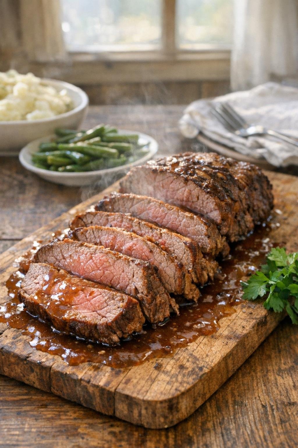 Finished plated sirloin tip roast with gravy