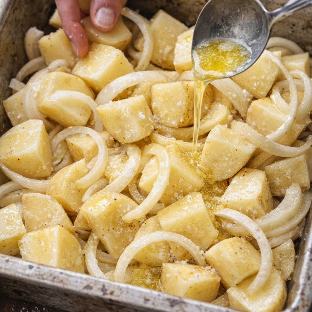 Potatoes and onions being tossed with melted butter in the baking pan
