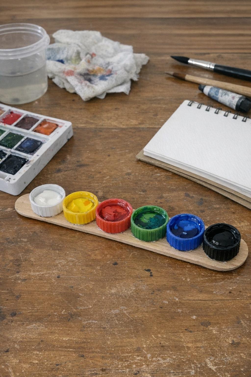 Mini paint palette made from bottle caps