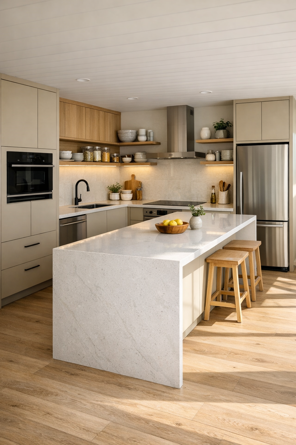 Accessible contemporary kitchen with sand cabinetry and quartz island