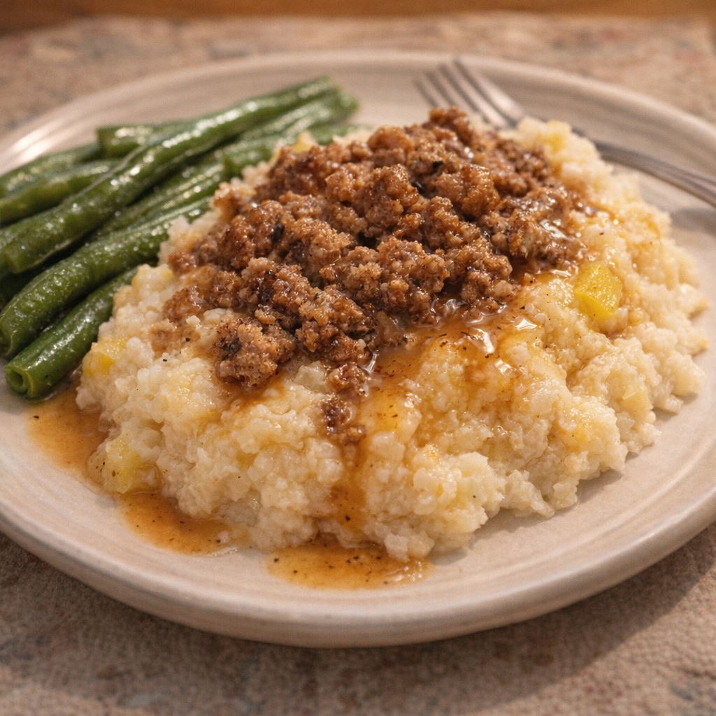 Hearty plate of mash topped with browned sausage