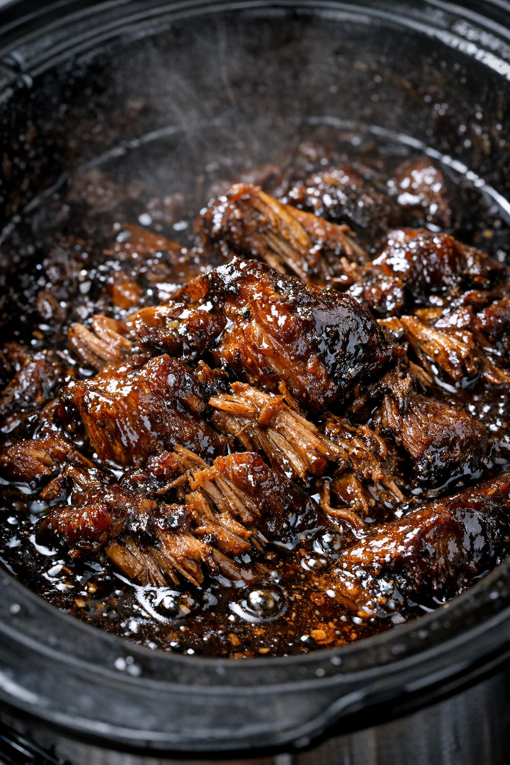 Slow cooker glazed umami-rich protein simmering in dark sauce