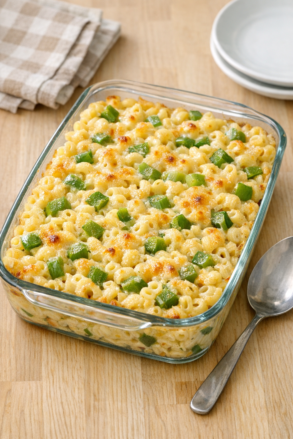 Finished baked green pepper macaroni in a glass casserole dish