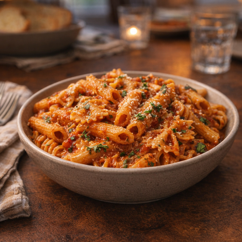 Bowl of saucy tomato pasta on a family dinner table
