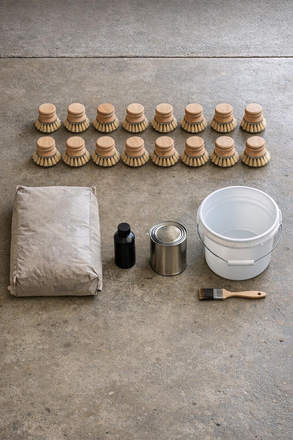 Materials laid out for making concrete brush garden ornaments