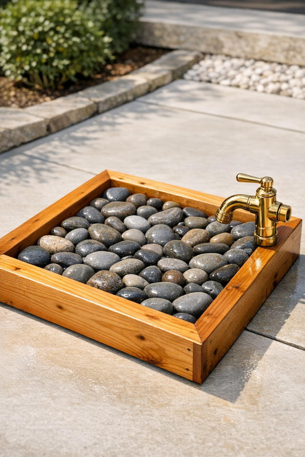 Finished cedar foot wash station with gray river rocks and brass hose spout