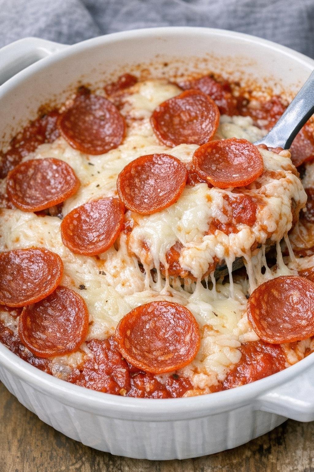 Finished pepperoni pizza dip with melted cheese and pepperoni