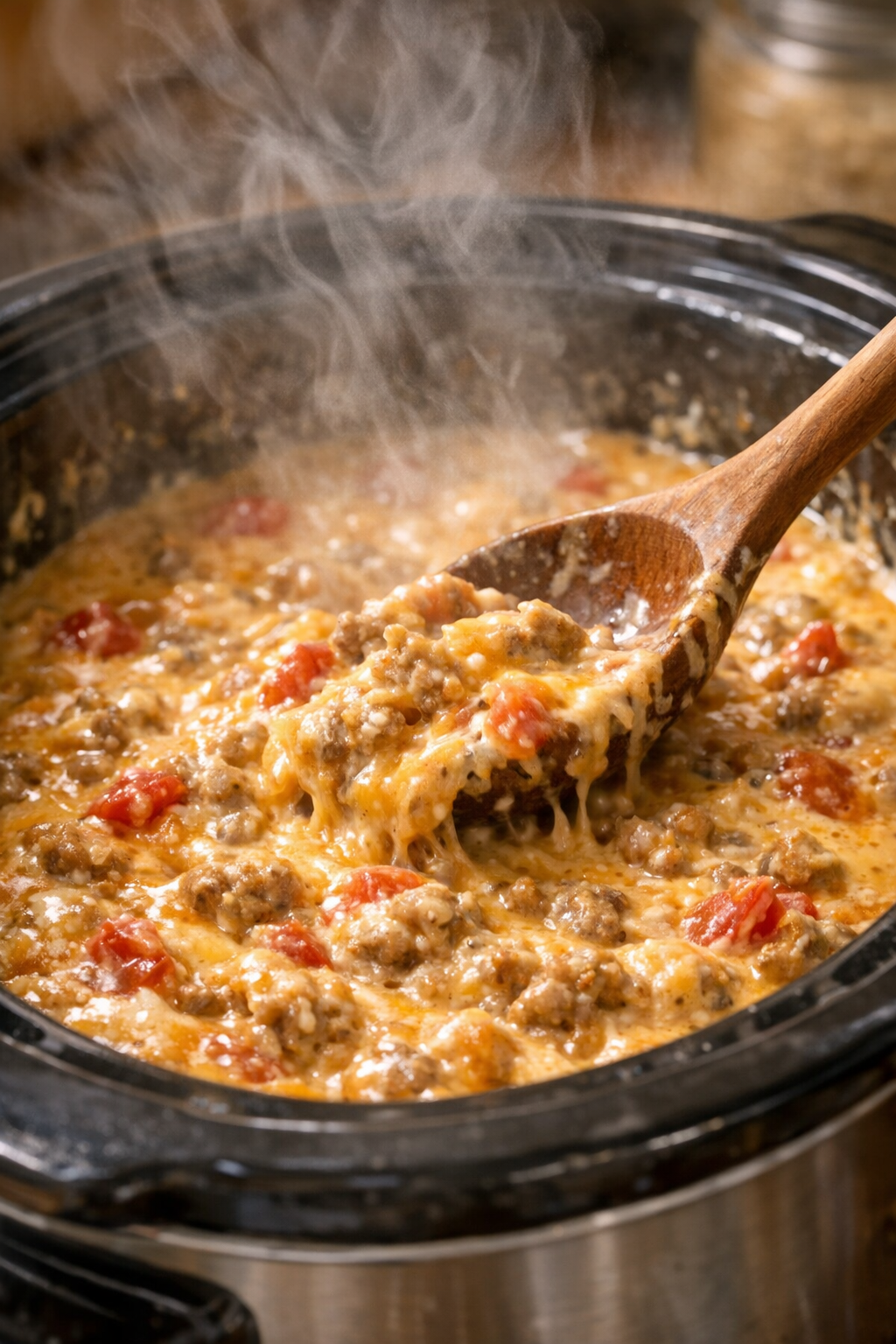 Melting cheese dip being stirred in slow cooker