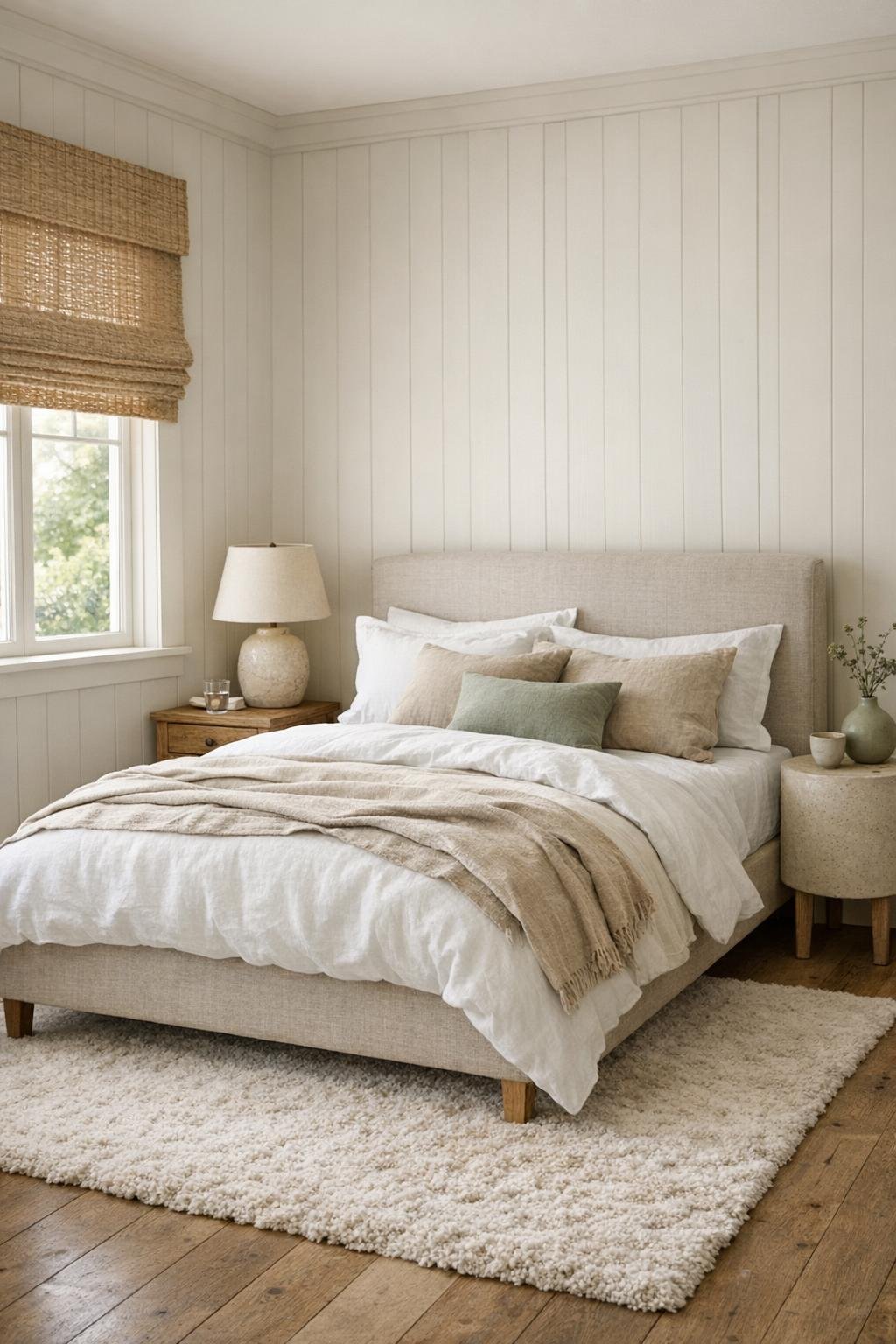 Serene cottage bedroom with linen bedding, soft green accents, and filtered natural light