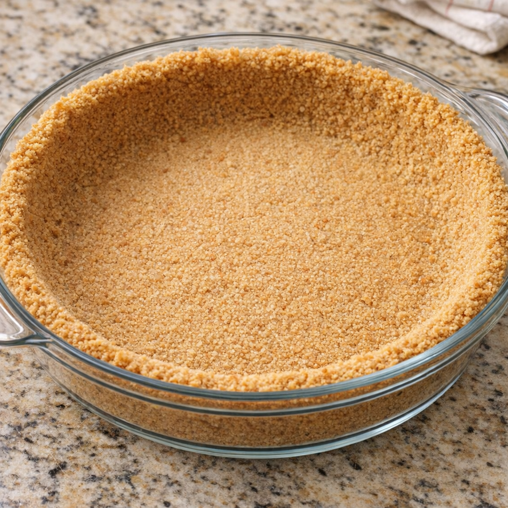Homemade graham cracker crust pressed into a pie plate