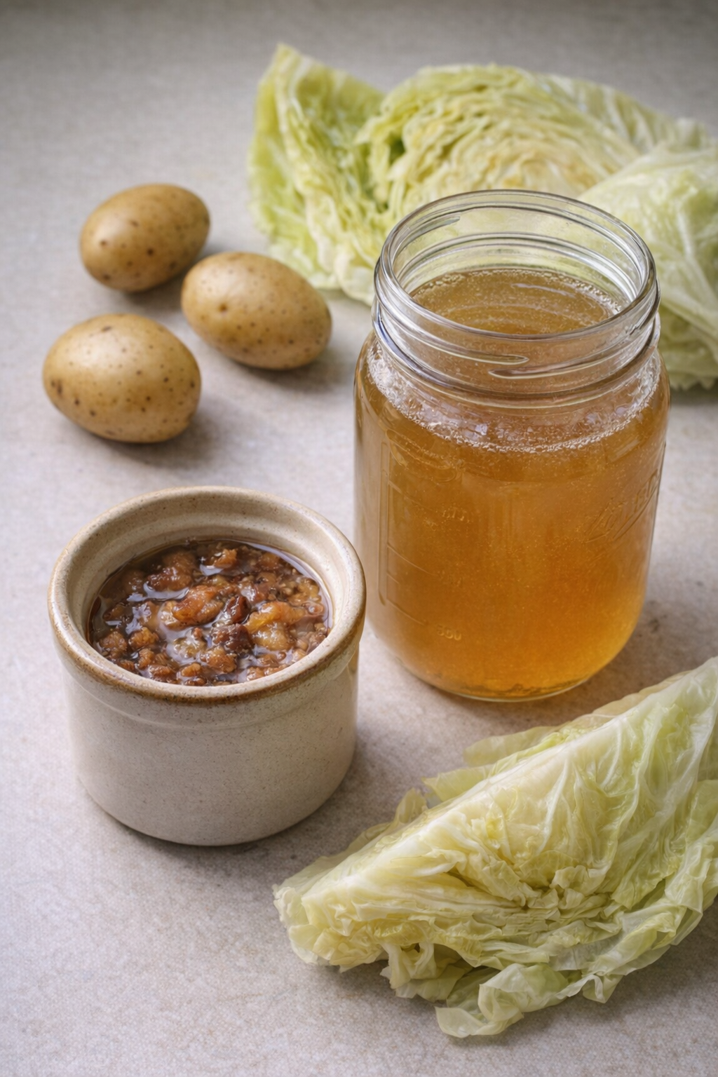 Small bowl of bacon fat and broth ingredients on a kitchen table