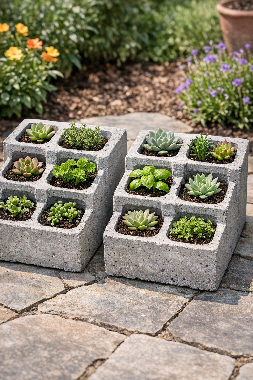 Finished pocketed cement garden blocks planted with greenery