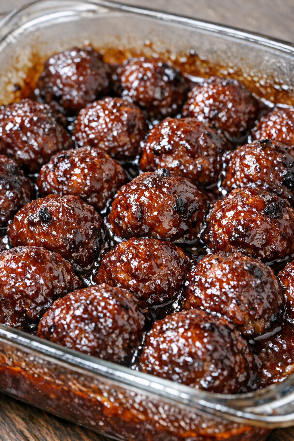 Southern 3-ingredient BBQ meatballs in a glass casserole dish