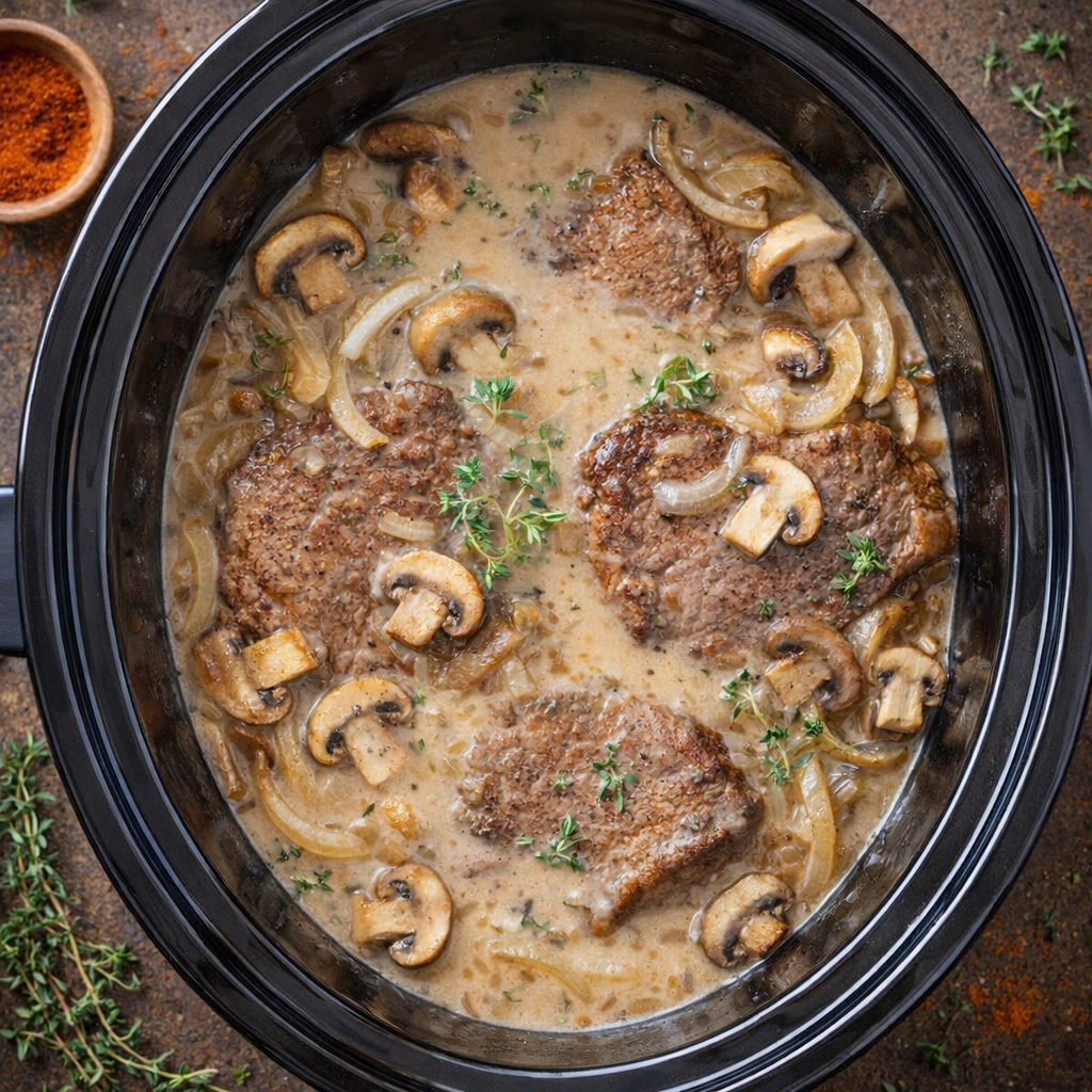 Slow cooker filled with raw Swiss steak ingredients before cooking