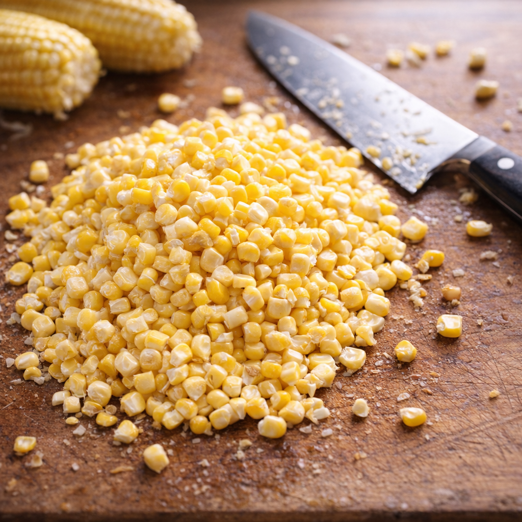 Fresh corn kernels cut from cobs on a kitchen board
