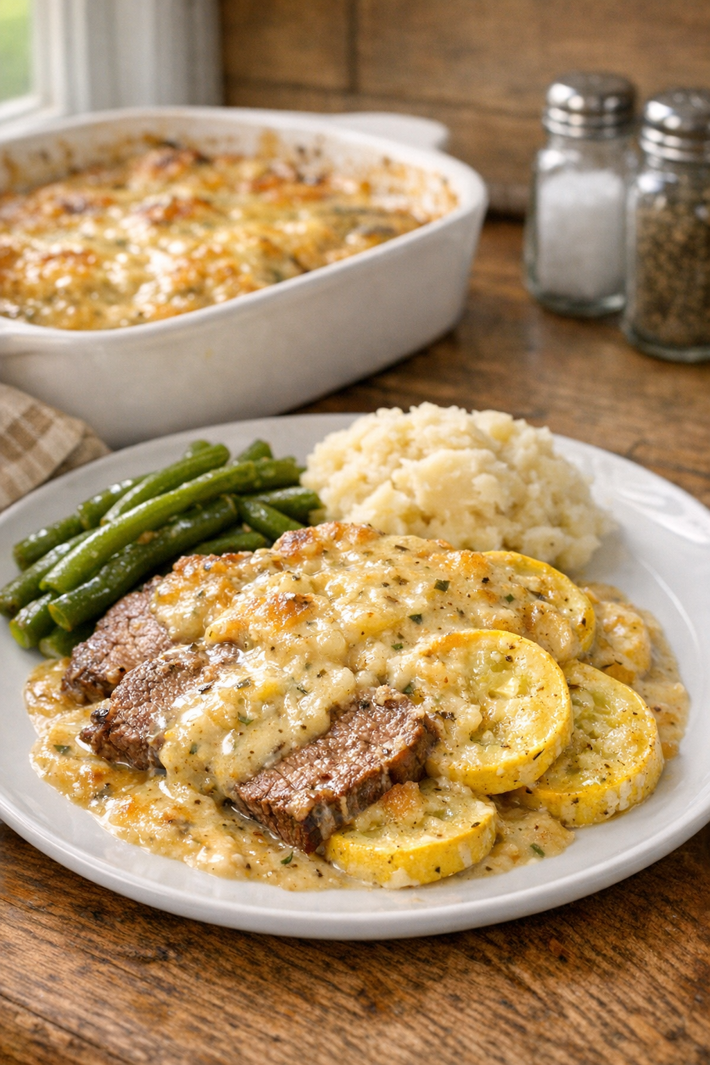 Finished beef and summer squash casserole plated for dinner