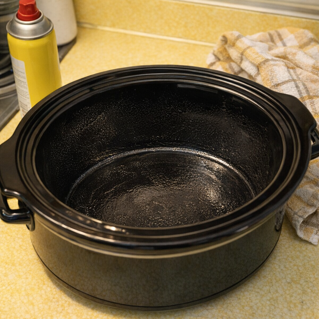Greased slow cooker crock ready for ingredients
