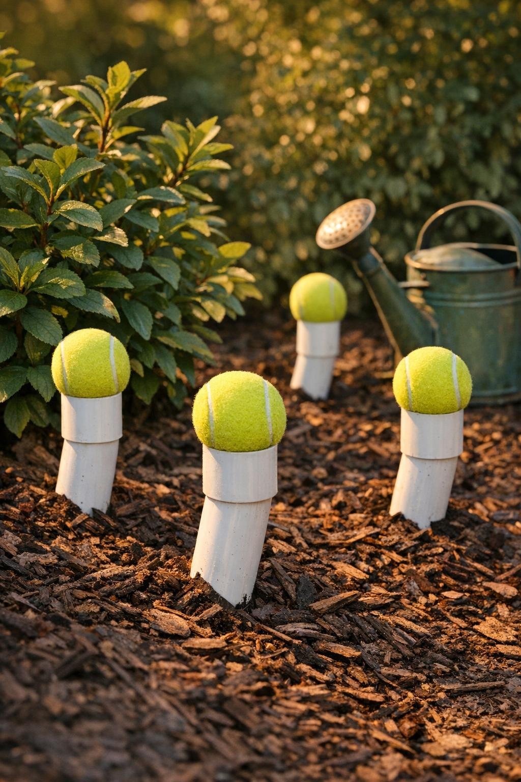 Finished deep root watering spikes installed in a garden bed