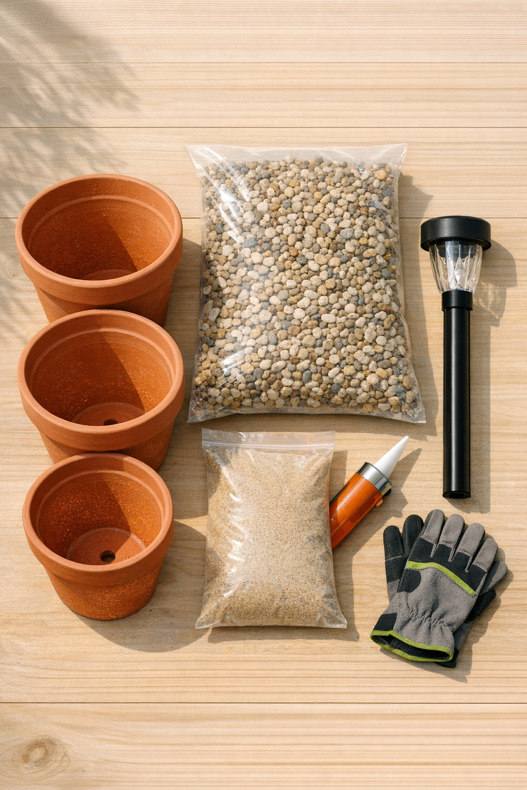 Terracotta pots, solar light stake, gravel, and adhesive laid out for the project