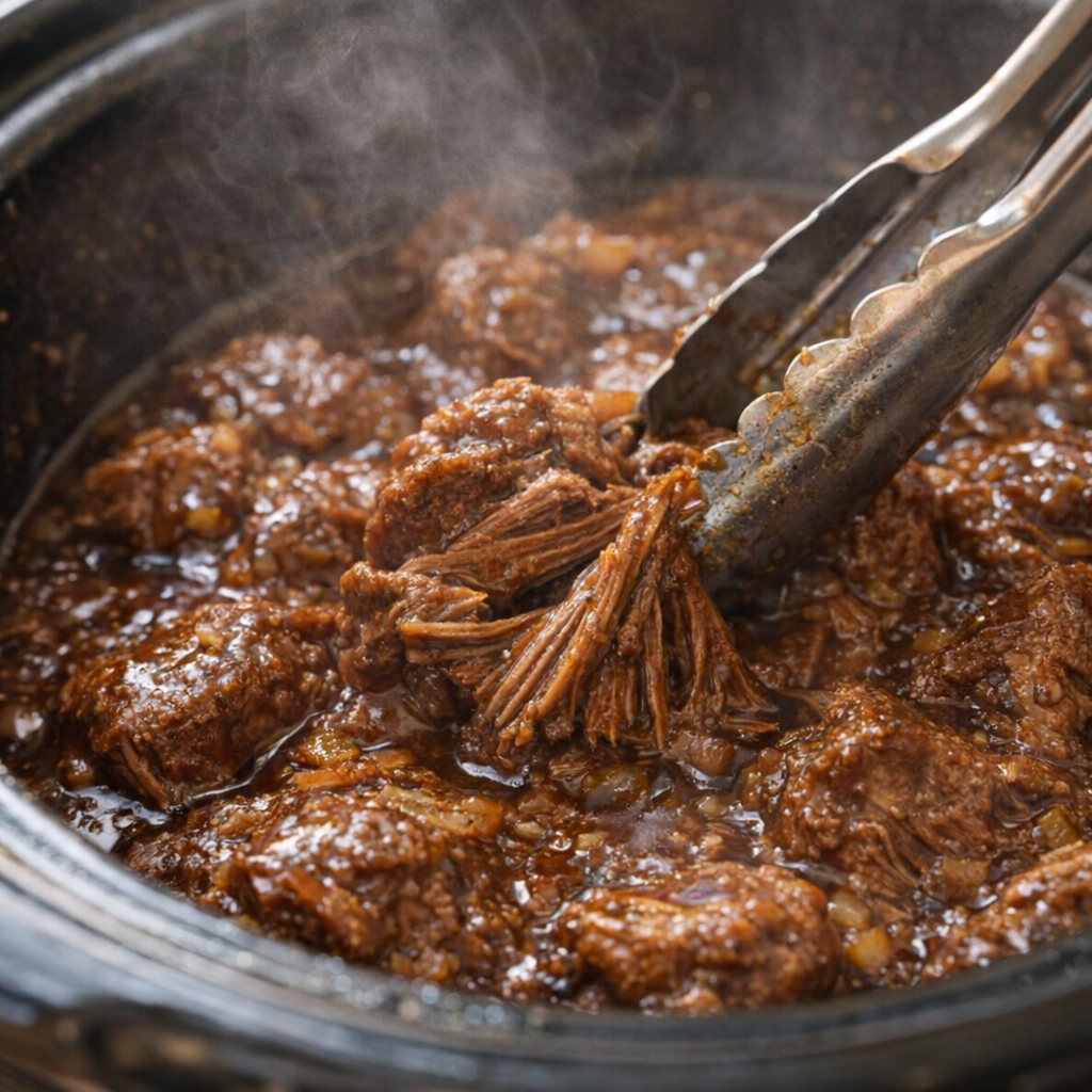 Tender slow-cooked beef being pulled apart with tongs