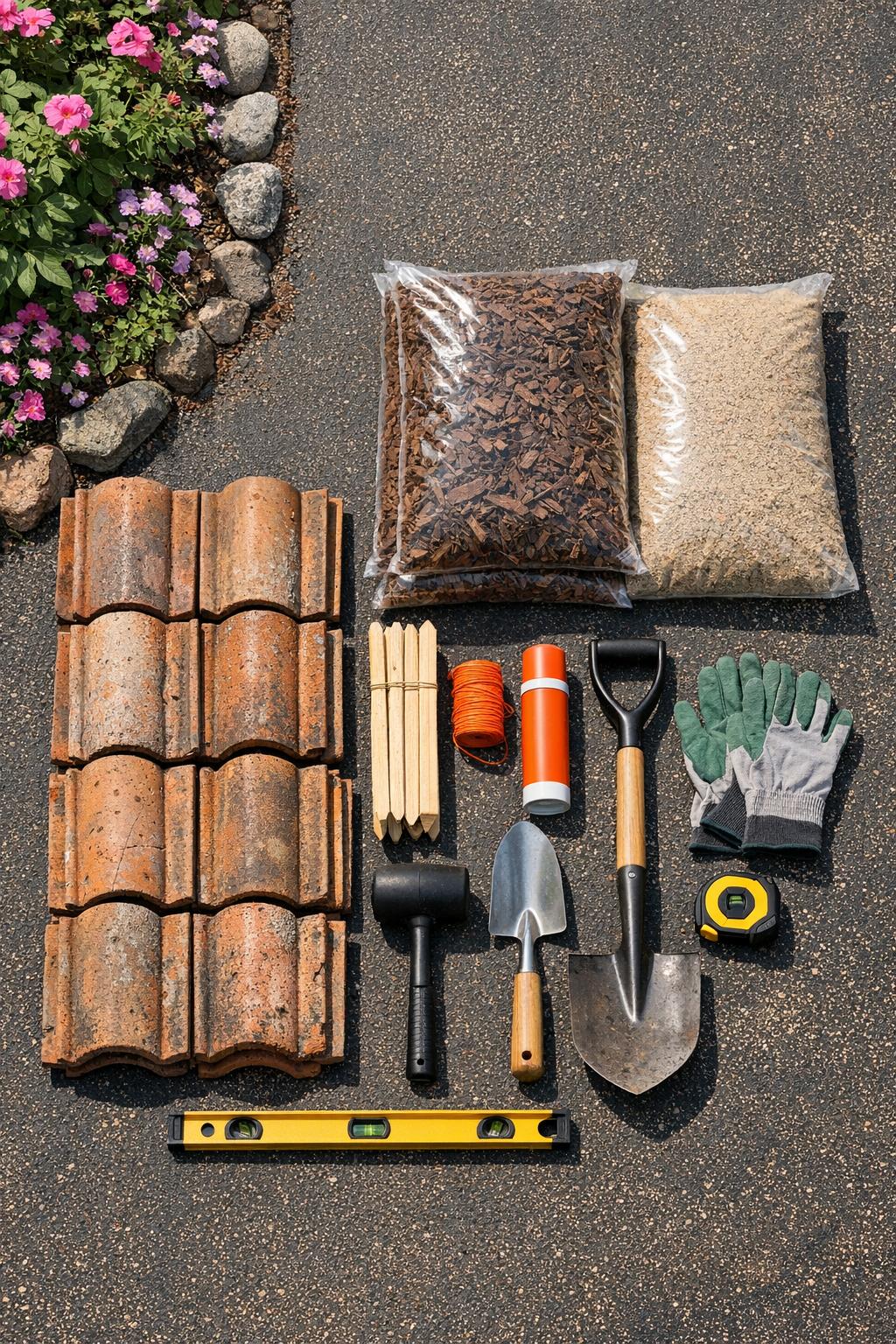 Terracotta roof tiles, mulch, sand, stakes, string, and garden tools laid out for the project