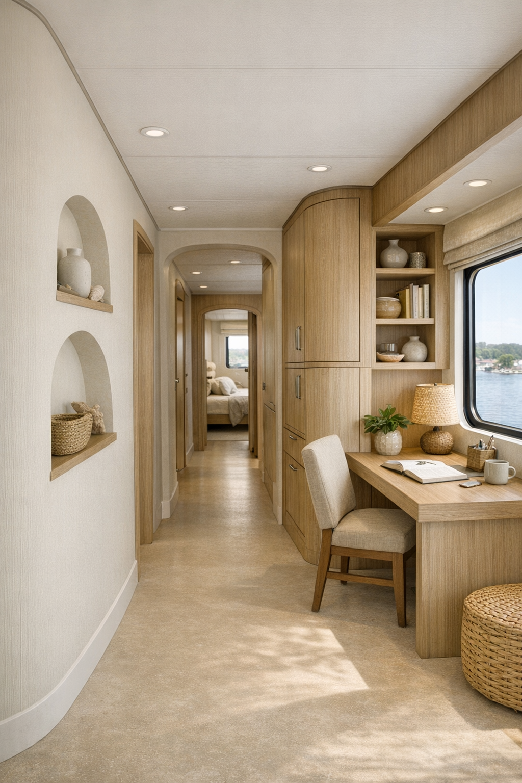 Accessible hallway and work nook in a Mediterranean houseboat with pale oak details