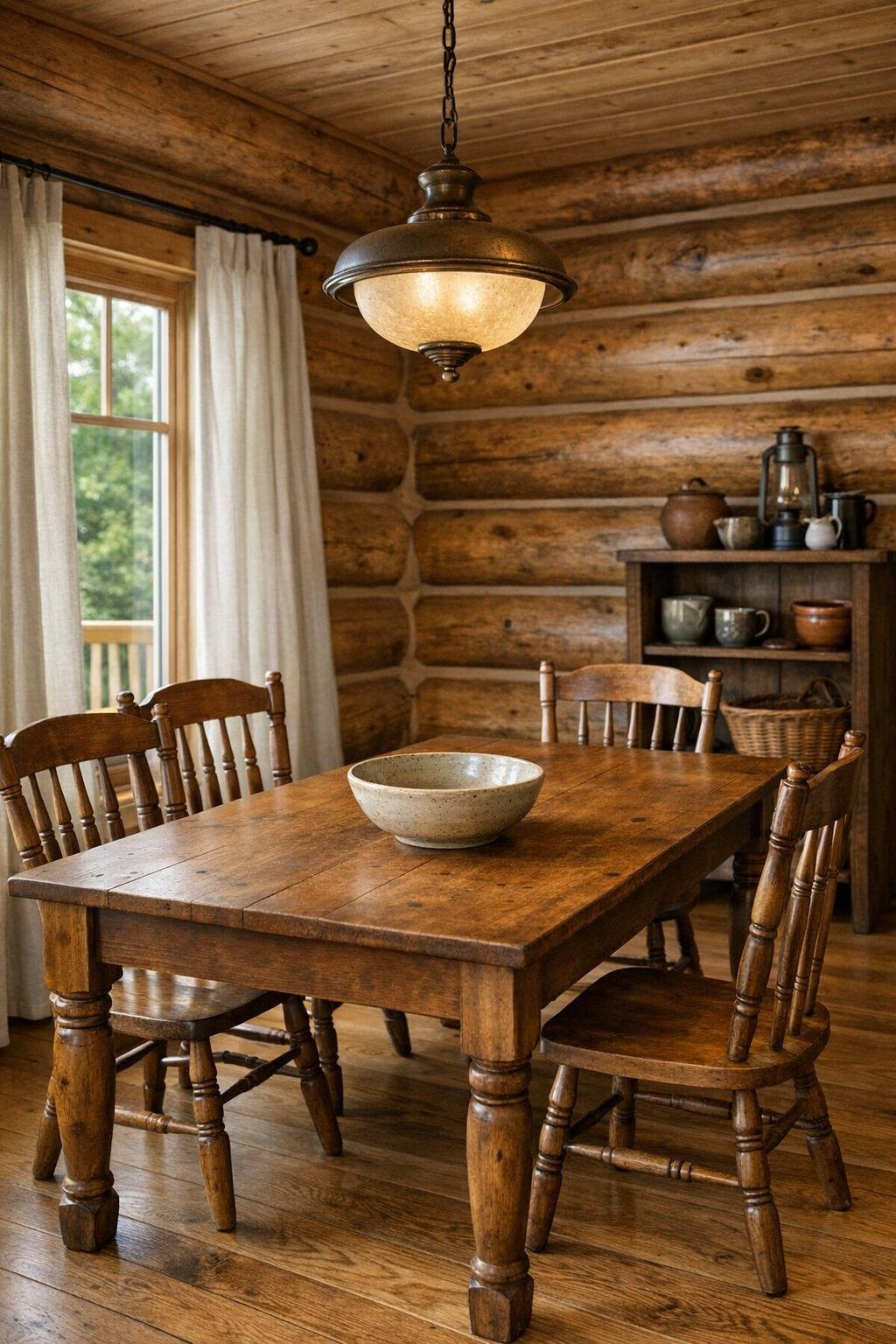 Cozy dining room with a solid wood table, spindle-back chairs, and a warm metal light fixture