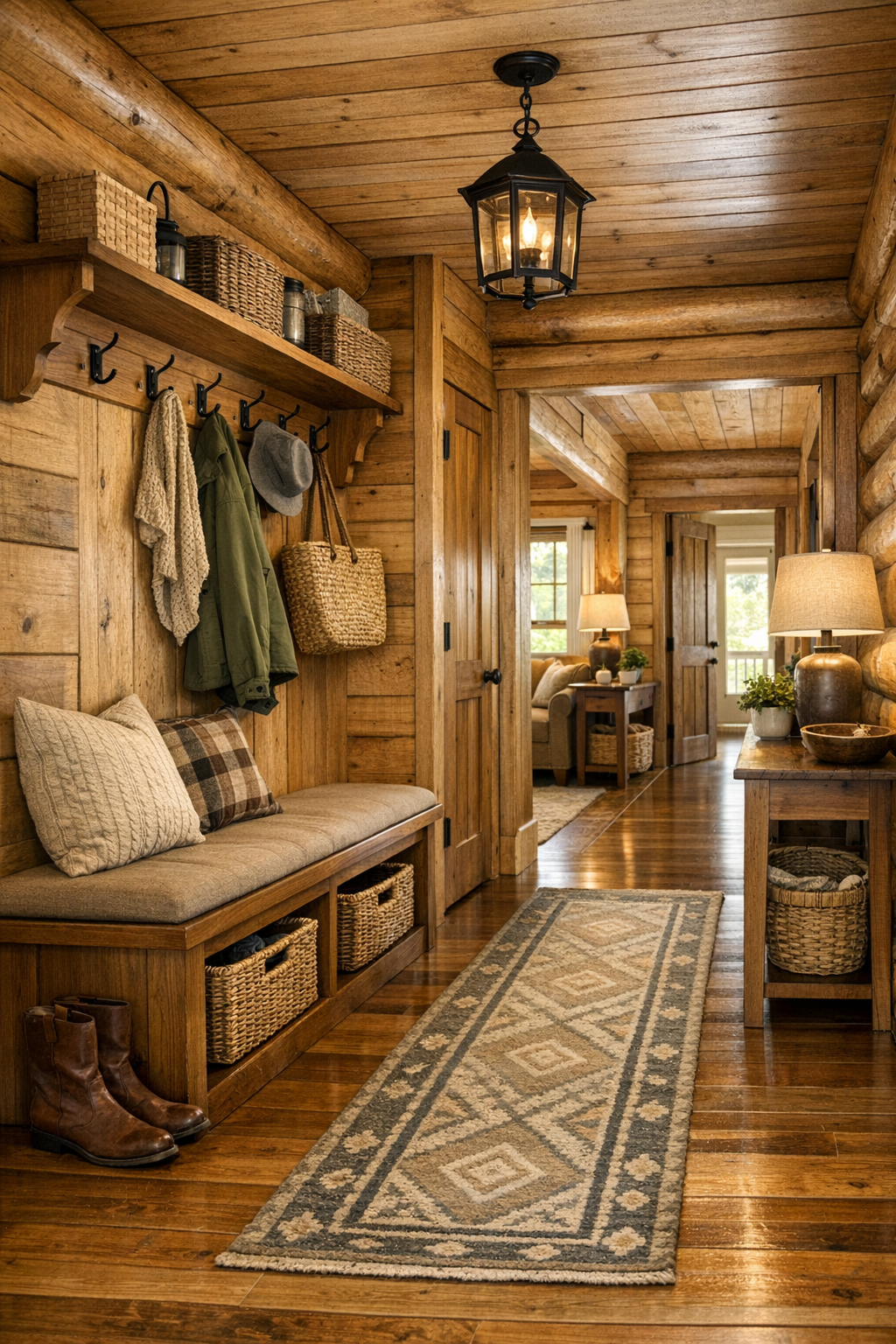 Cozy entry and hall area with built-in bench, hooks, woven baskets, and warm log home finishes
