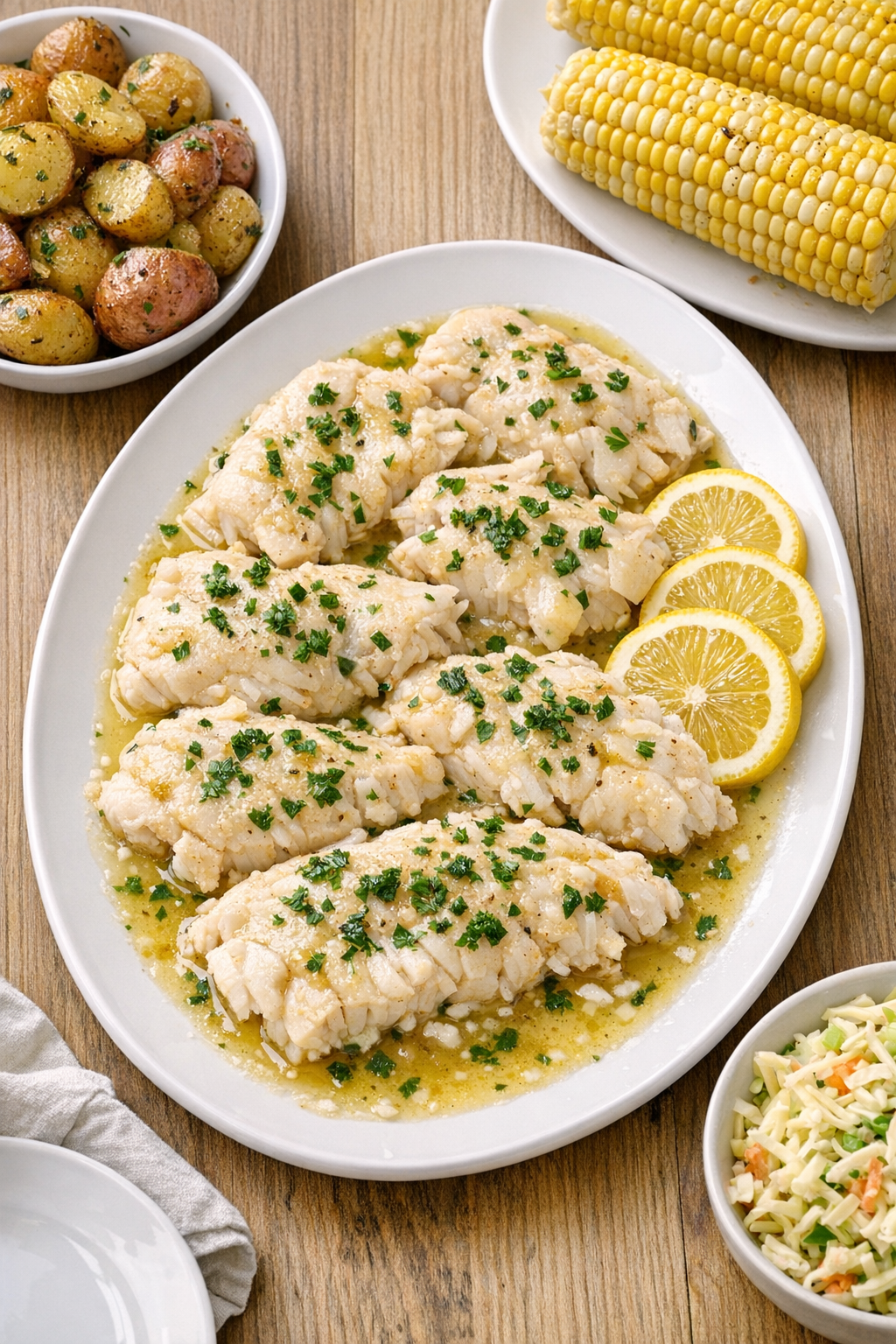 Finished slow cooker hake plated with lemon and herbs