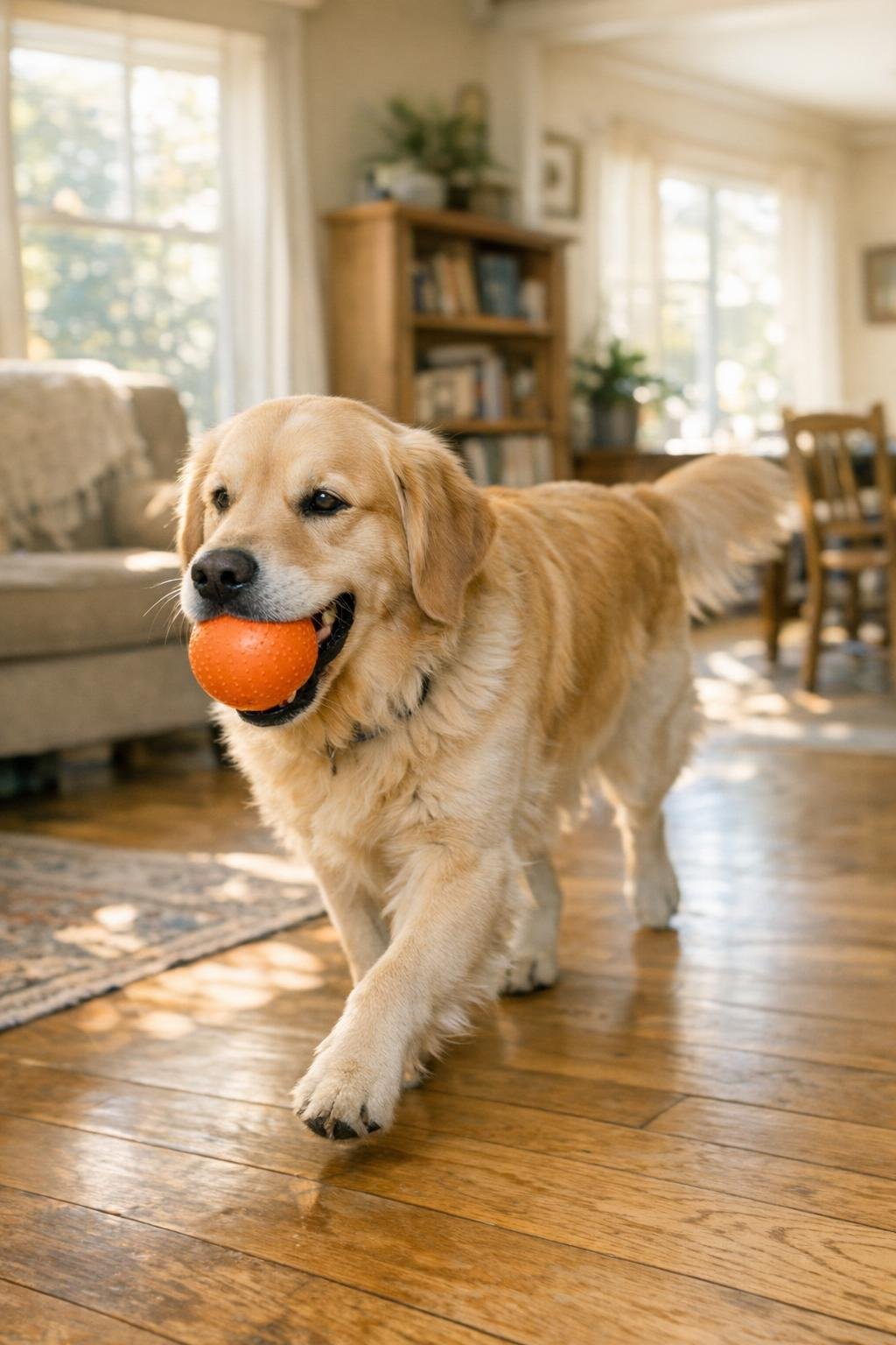Retriever-type dog carrying a ball across the room