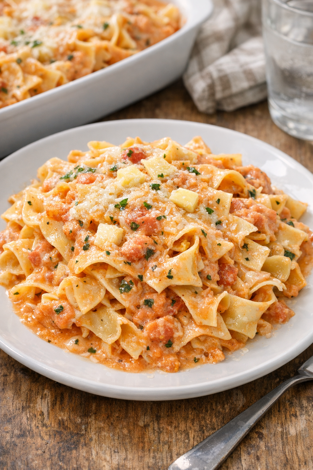 Baked tomato basil cream egg noodles in a casserole dish