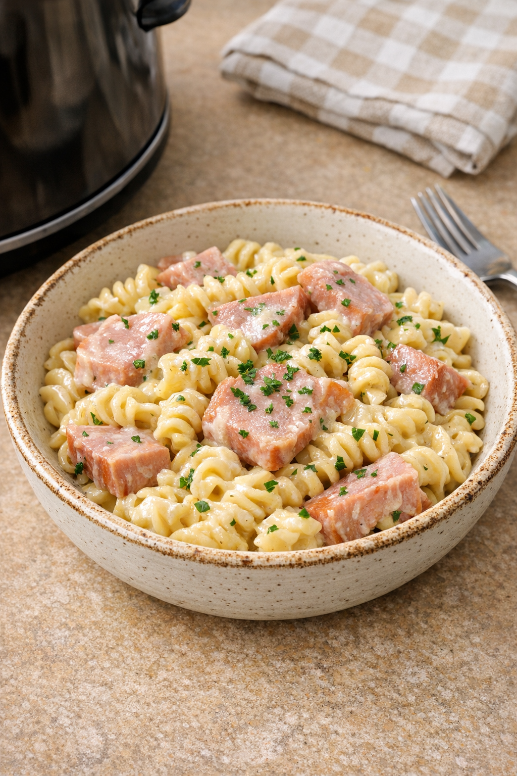 Finished creamy ham pasta plated in a rustic bowl