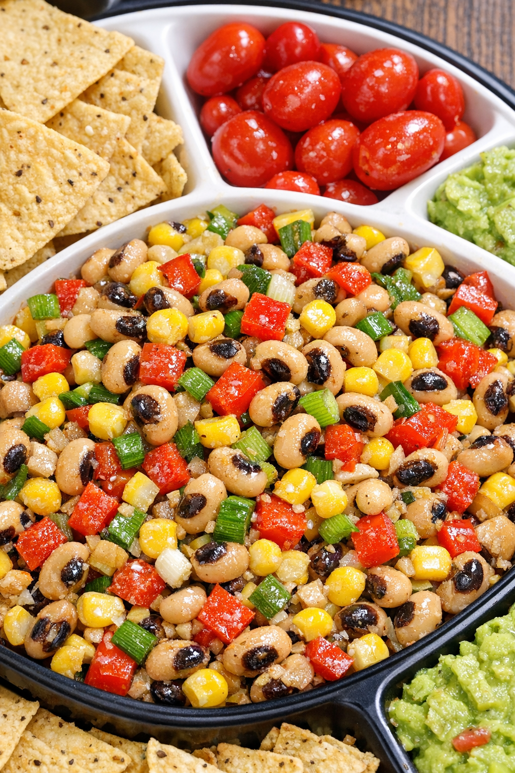 Southern 4-ingredient Texas caviar on a potluck serving tray