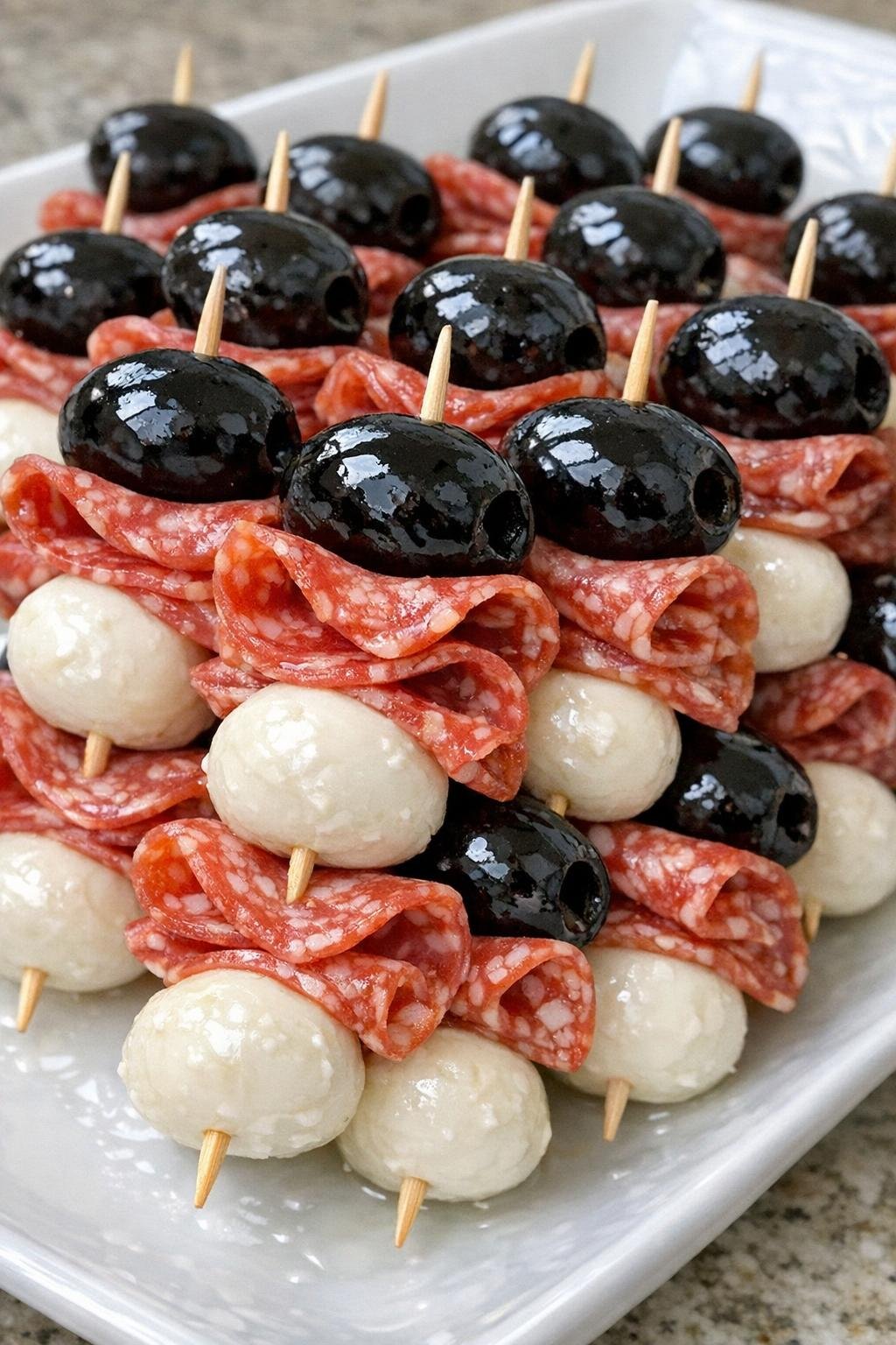 Antipasto skewers stacked on a serving platter
