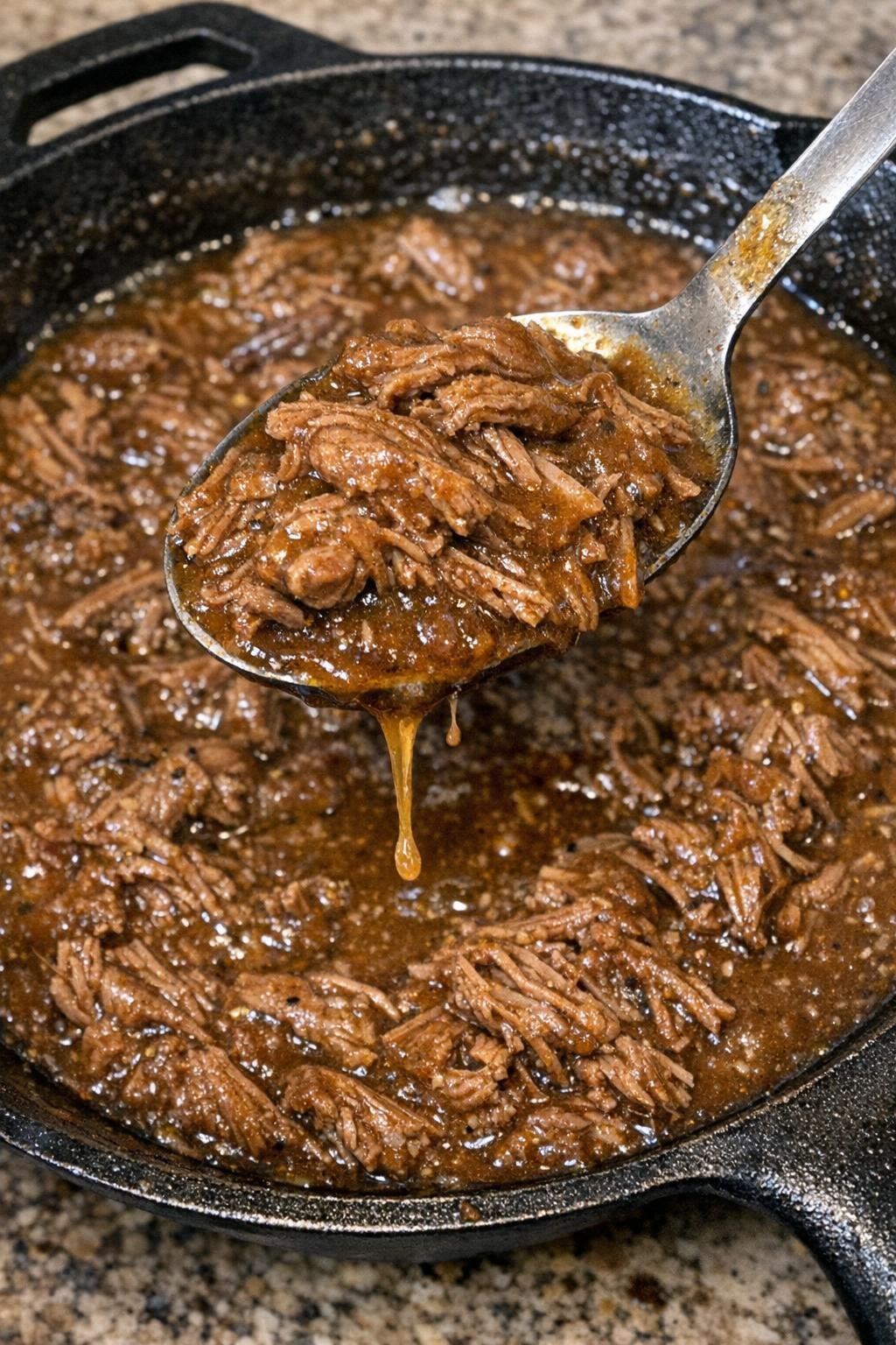 Fork-tender shredded chuck roast in brown gravy