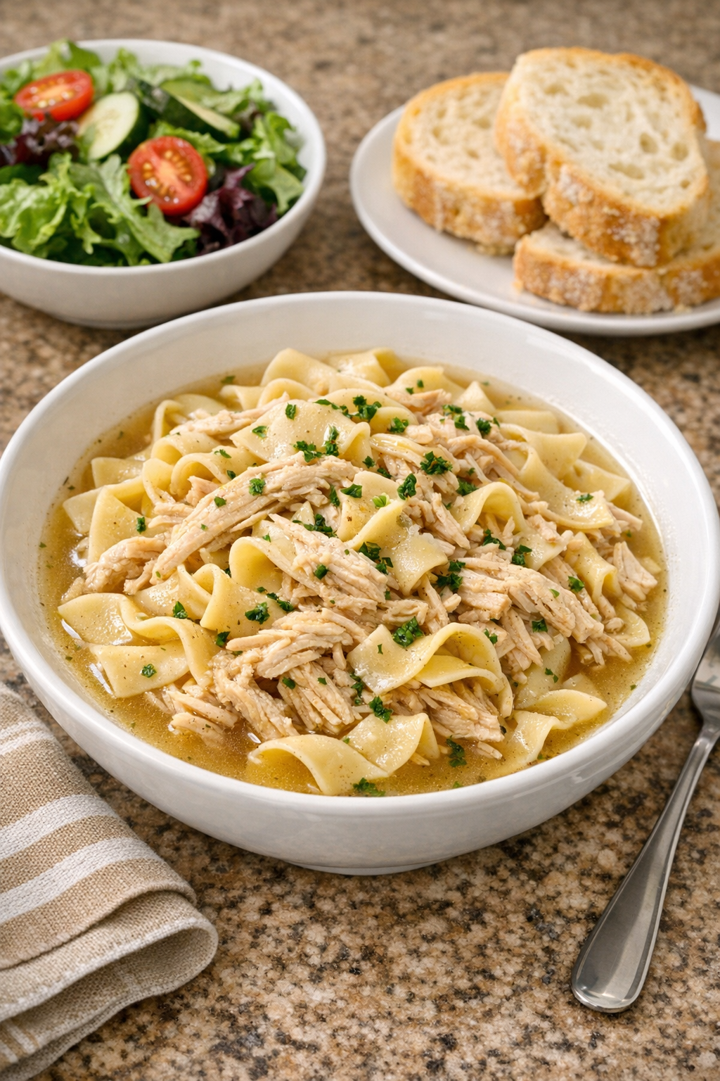 Final plated chicken pasta with broth