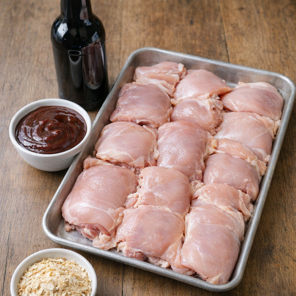 Chicken thighs, Guinness stout, barbecue sauce, and dry onion soup mix on a kitchen counter