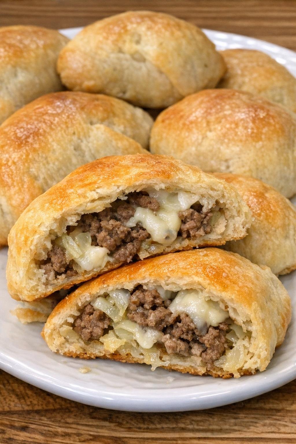Golden baked crescent dough bierock pockets cut open on a white platter