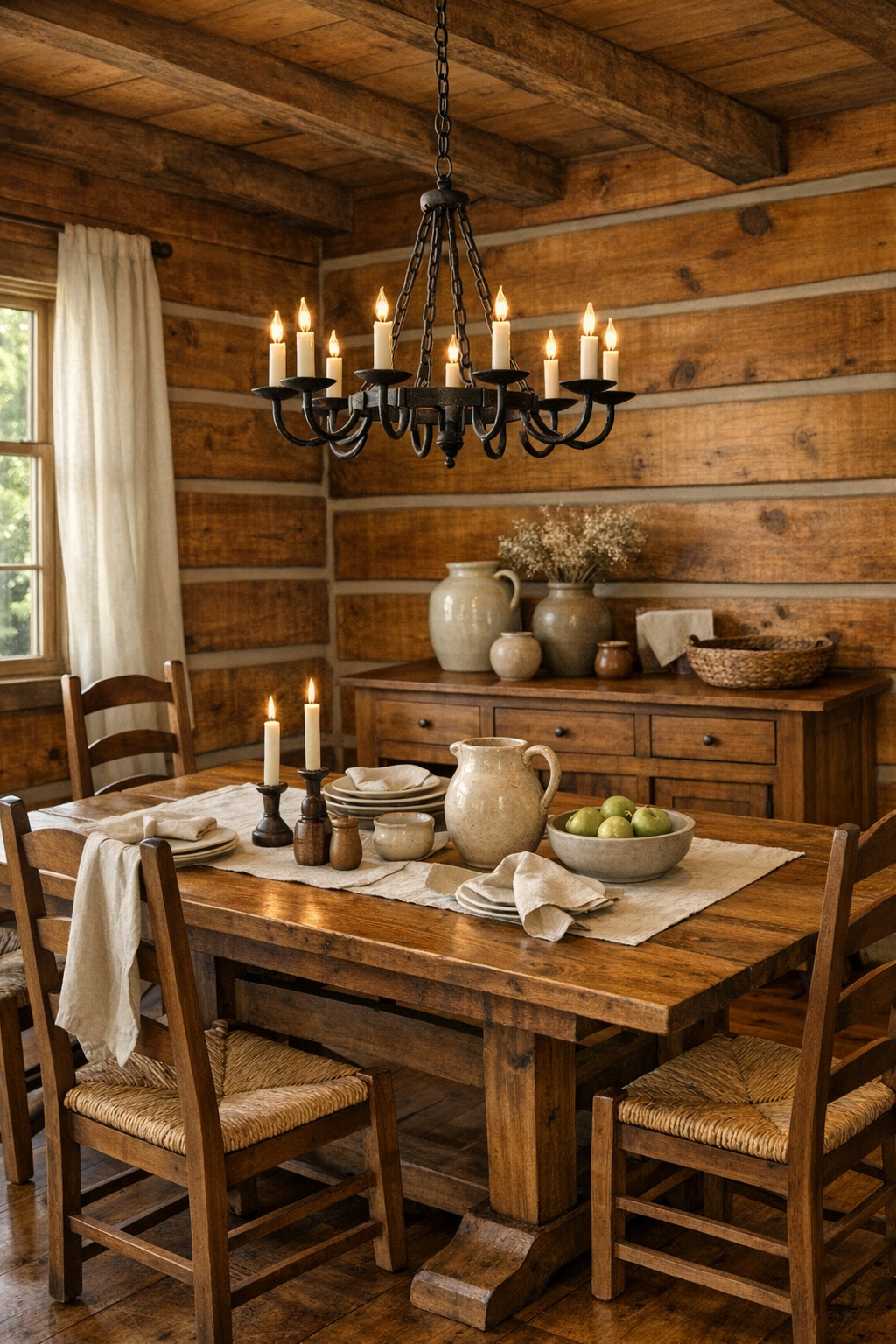 Rustic dining room with trestle table and ladder-back chairs