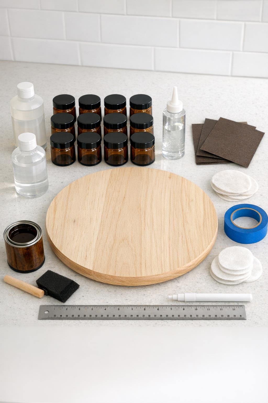 Materials for a wooden lazy Susan spice carousel laid out neatly