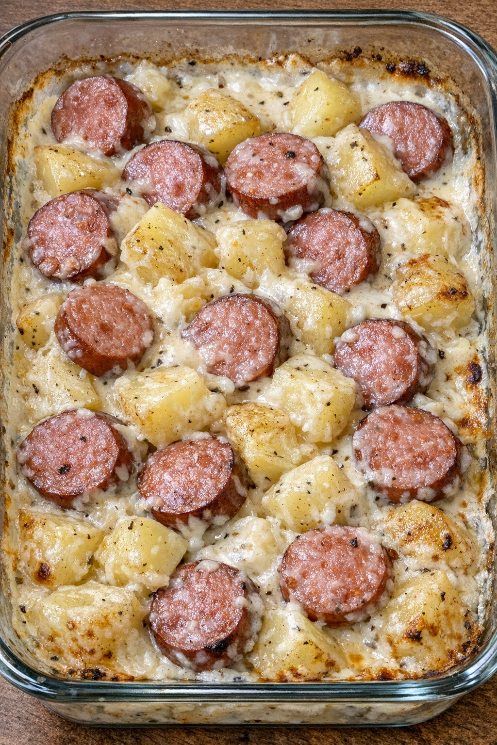 Creamy kielbasa and potato pot in a glass casserole dish