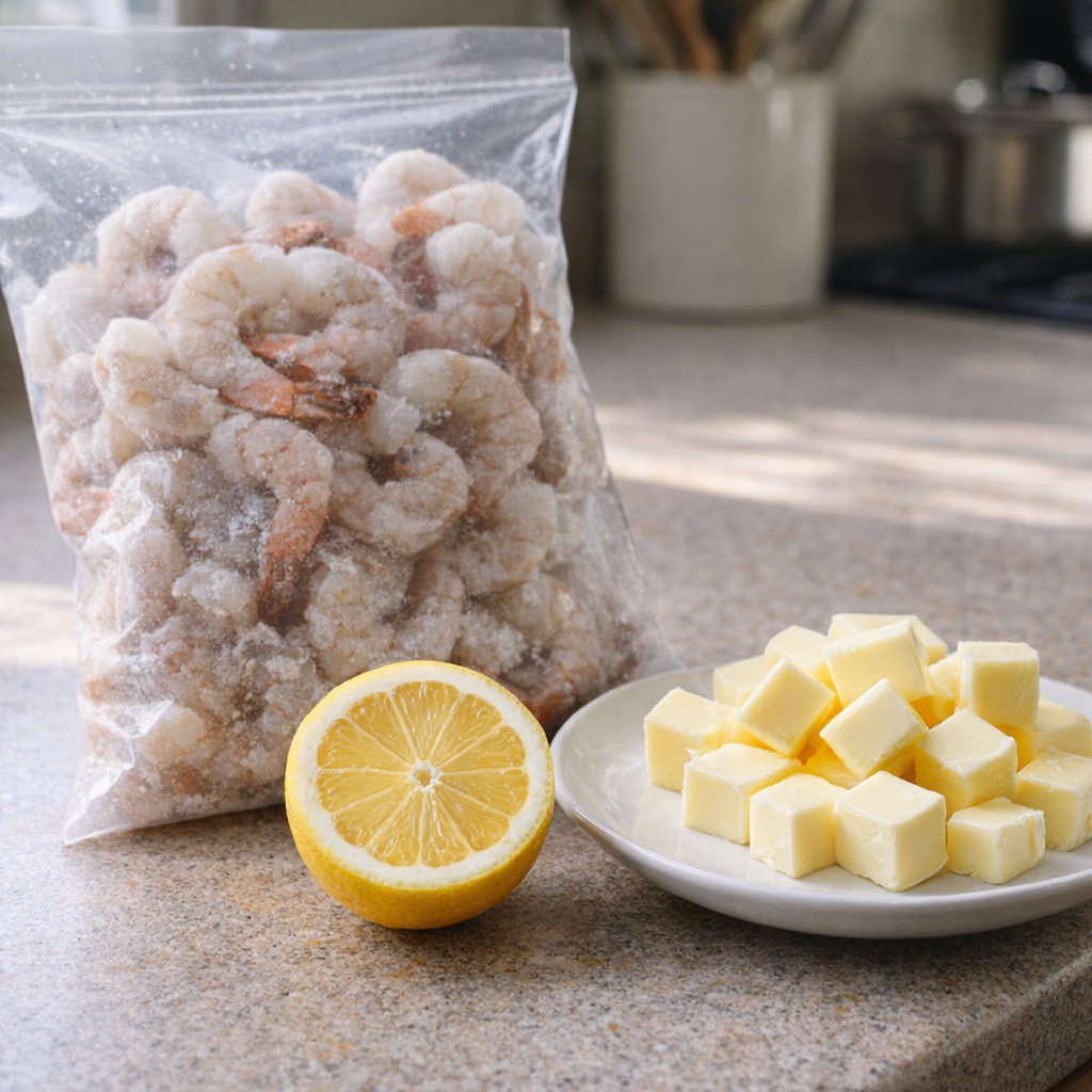 Frozen shrimp, butter, and lemon on a kitchen counter