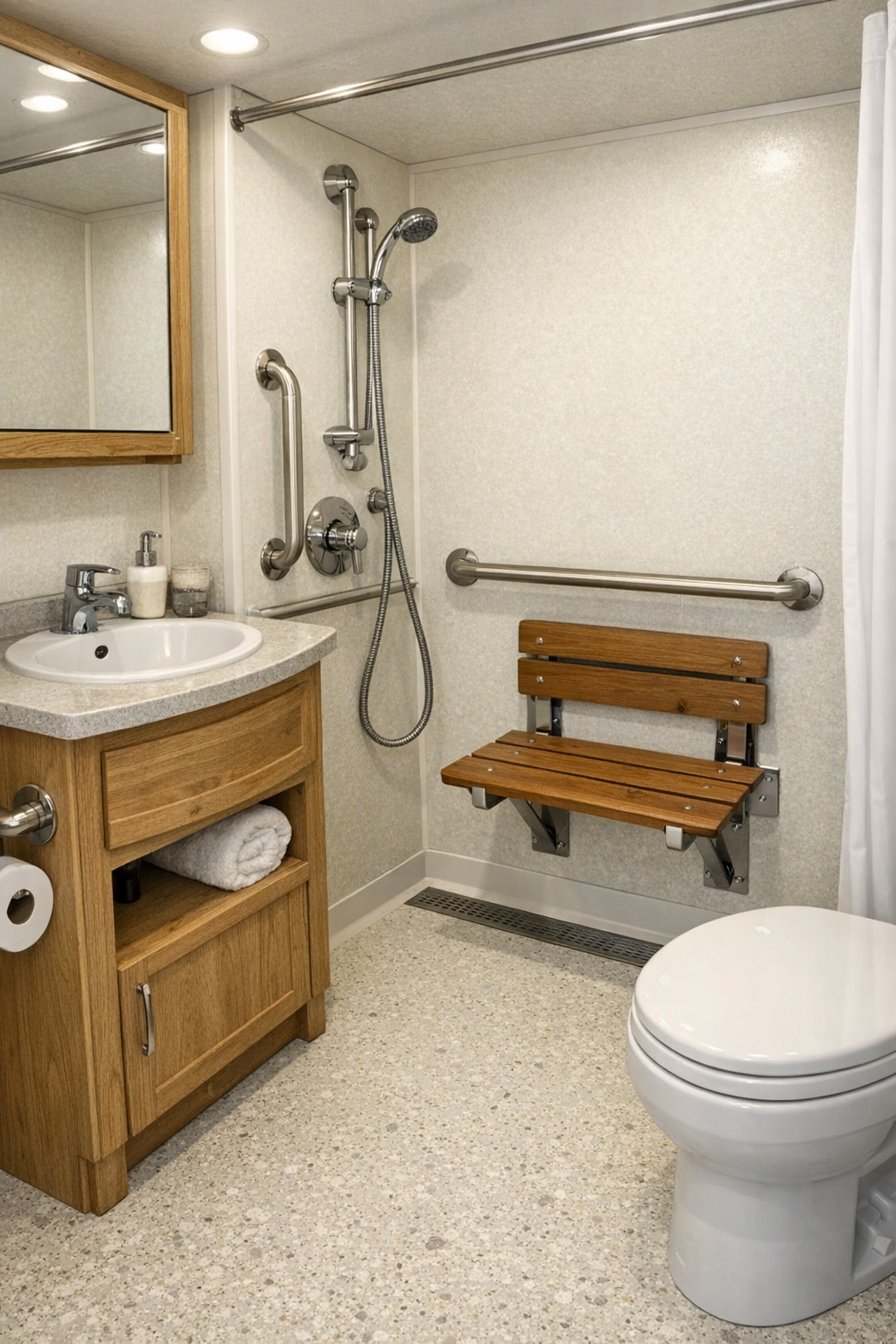 Accessible RV bathroom with roll-in shower and cream finishes