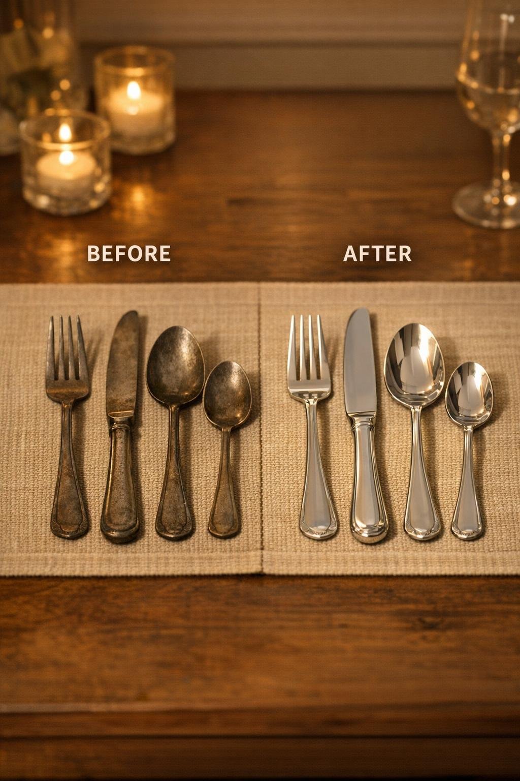 Before-and-after silverware comparison on a dining table