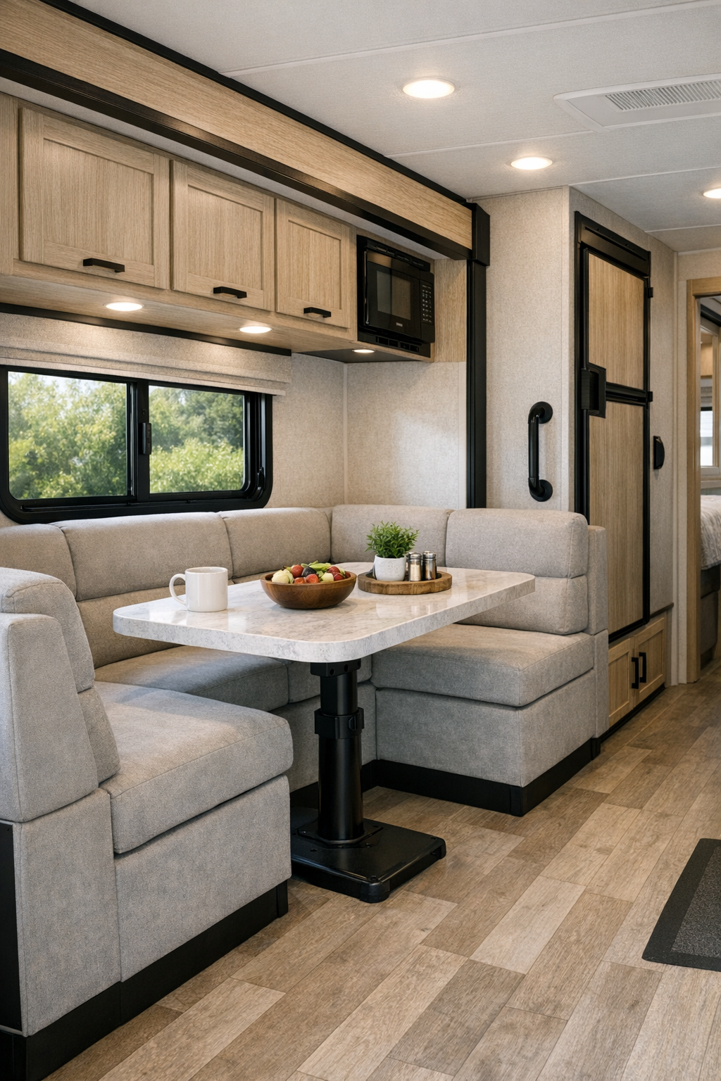 Modern RV camper dining area with built-in dinette and pedestal table