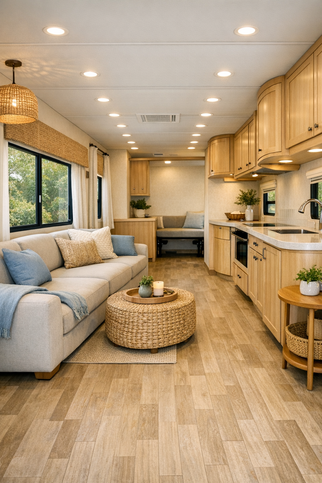 Bright accessible RV living room with pale wood cabinetry and soft blue accents