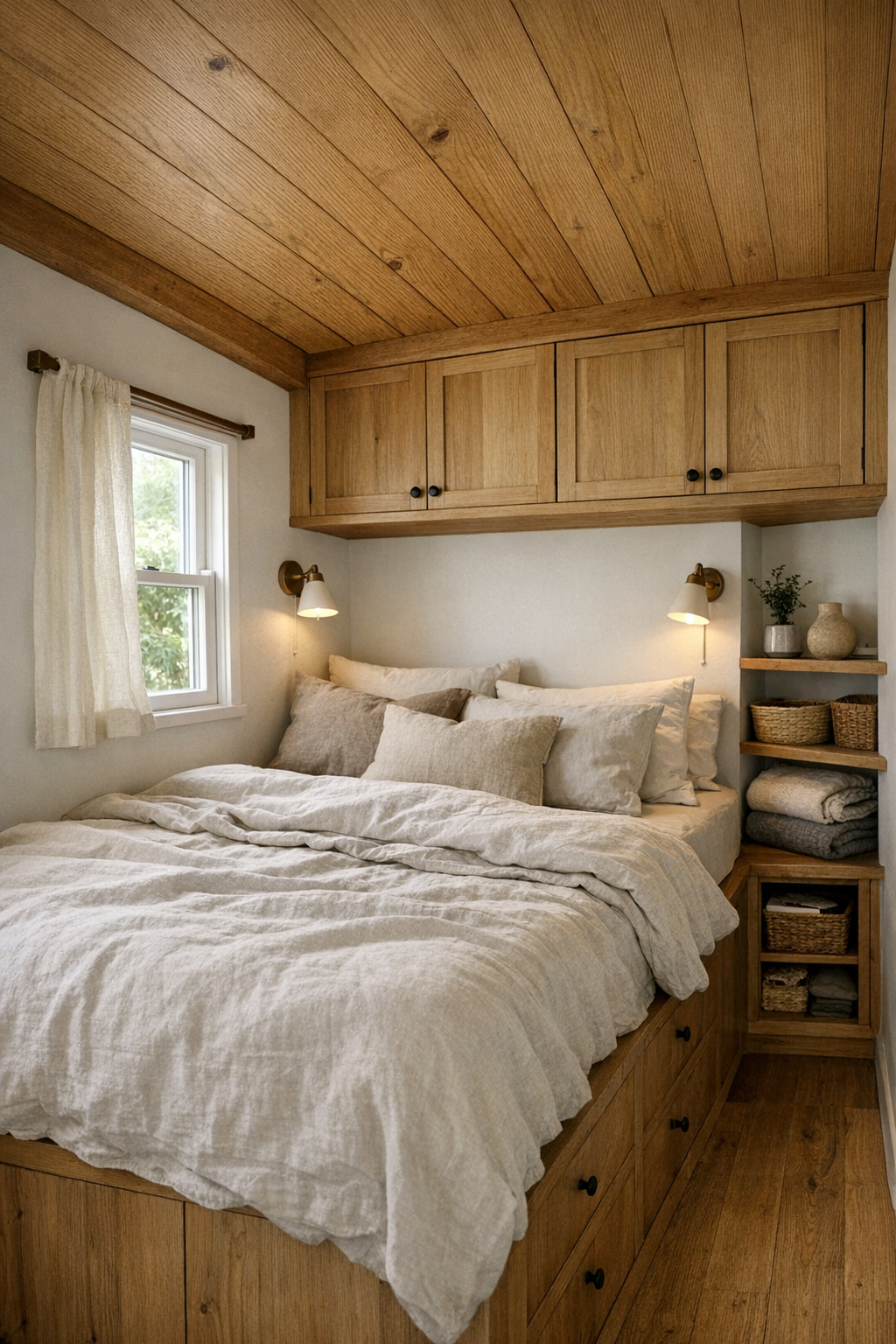 Quiet tiny home bedroom with layered neutral bedding, white walls, and warm wood accents