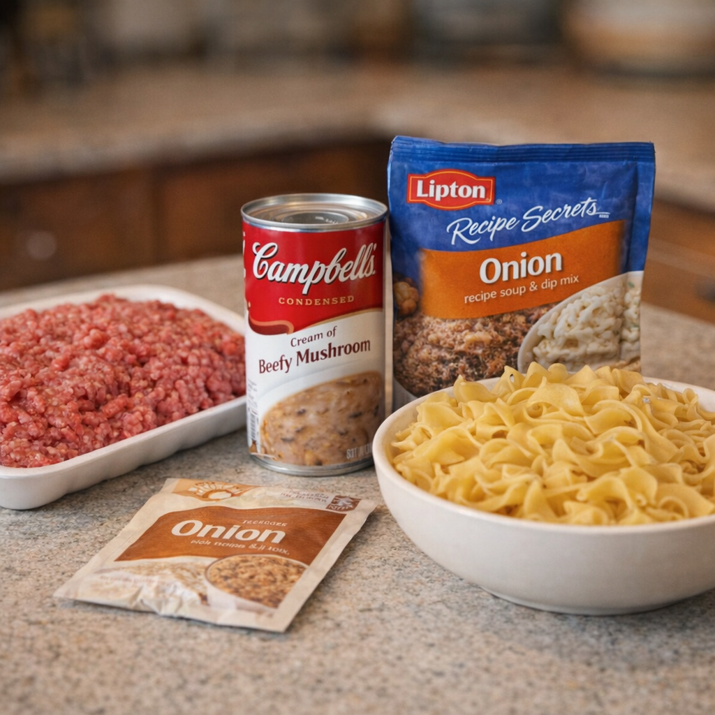 Simple ingredient lineup for beefy onion noodles