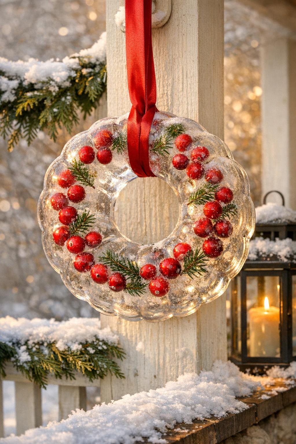 Finished cranberry ice wreath hanging outdoors